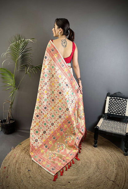 Sonakshi Women's Off White Banarasi Silk Tassel Weaving Traditional Saree with Blouse