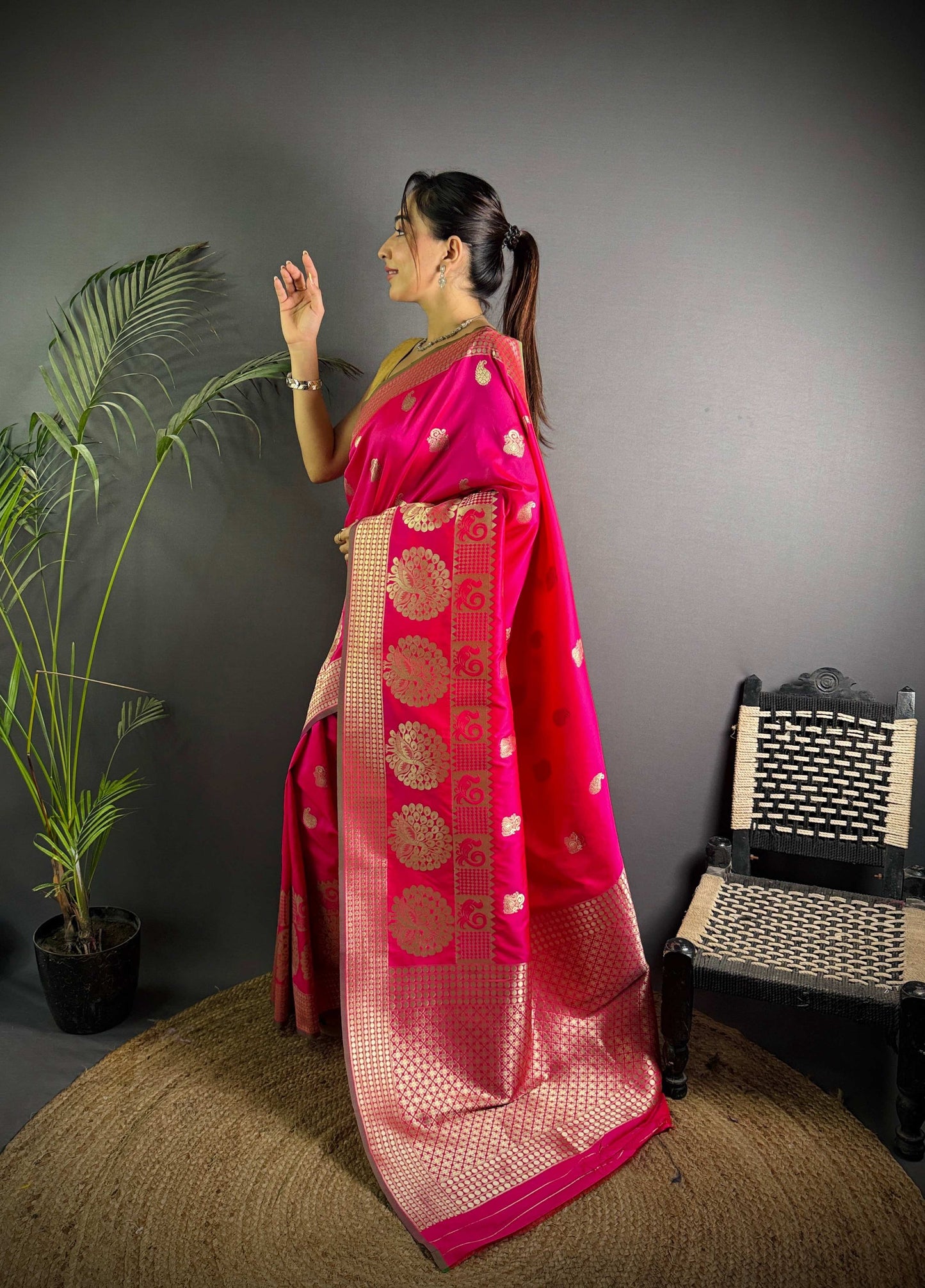Sonakshi Women's Rani Pink Soft Banarasi Lichi Silk Golden Zari Weaving Traditional Saree with Blouse