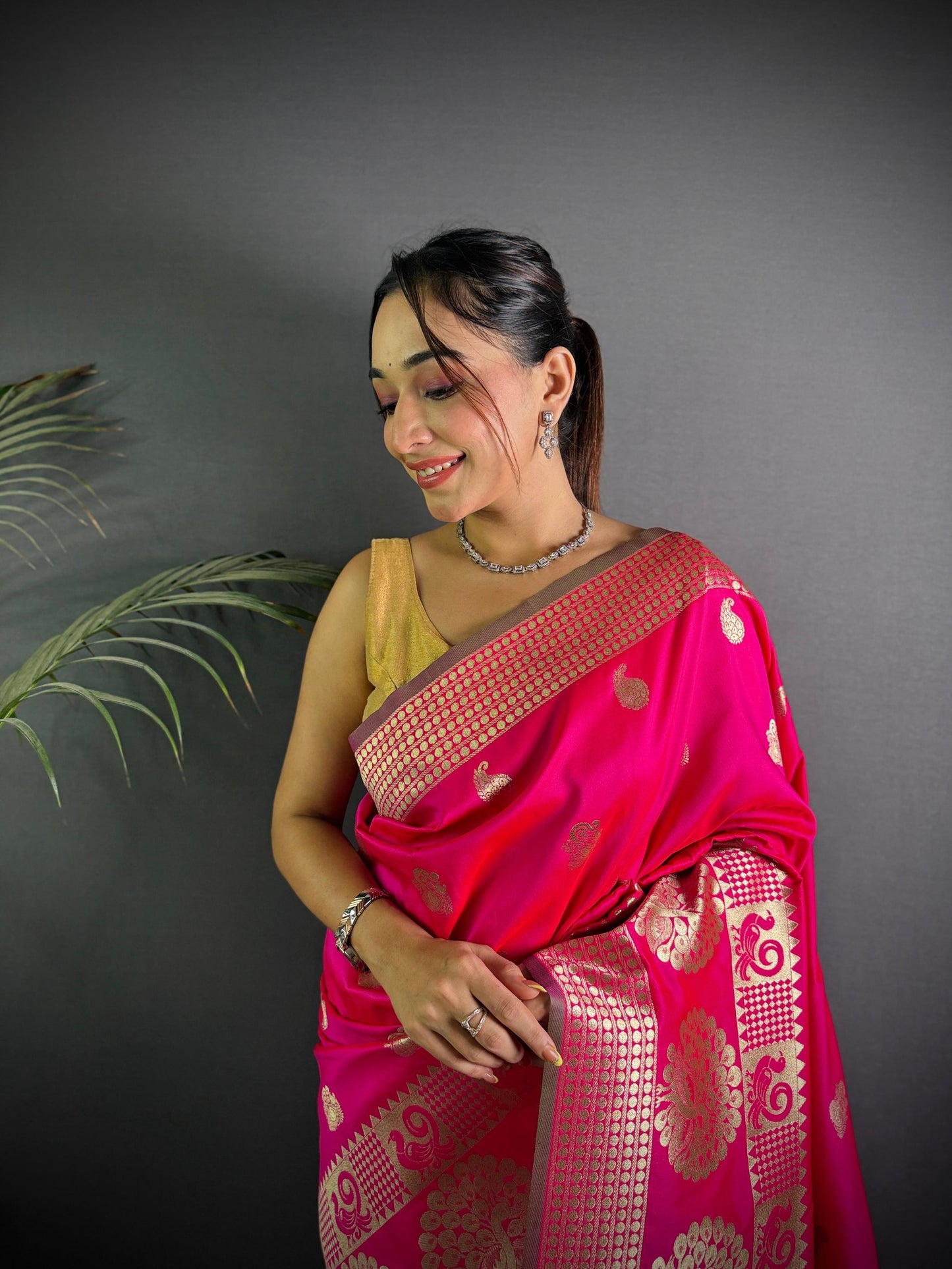 Sonakshi Women's Rani Pink Soft Banarasi Lichi Silk Golden Zari Weaving Traditional Saree with Blouse