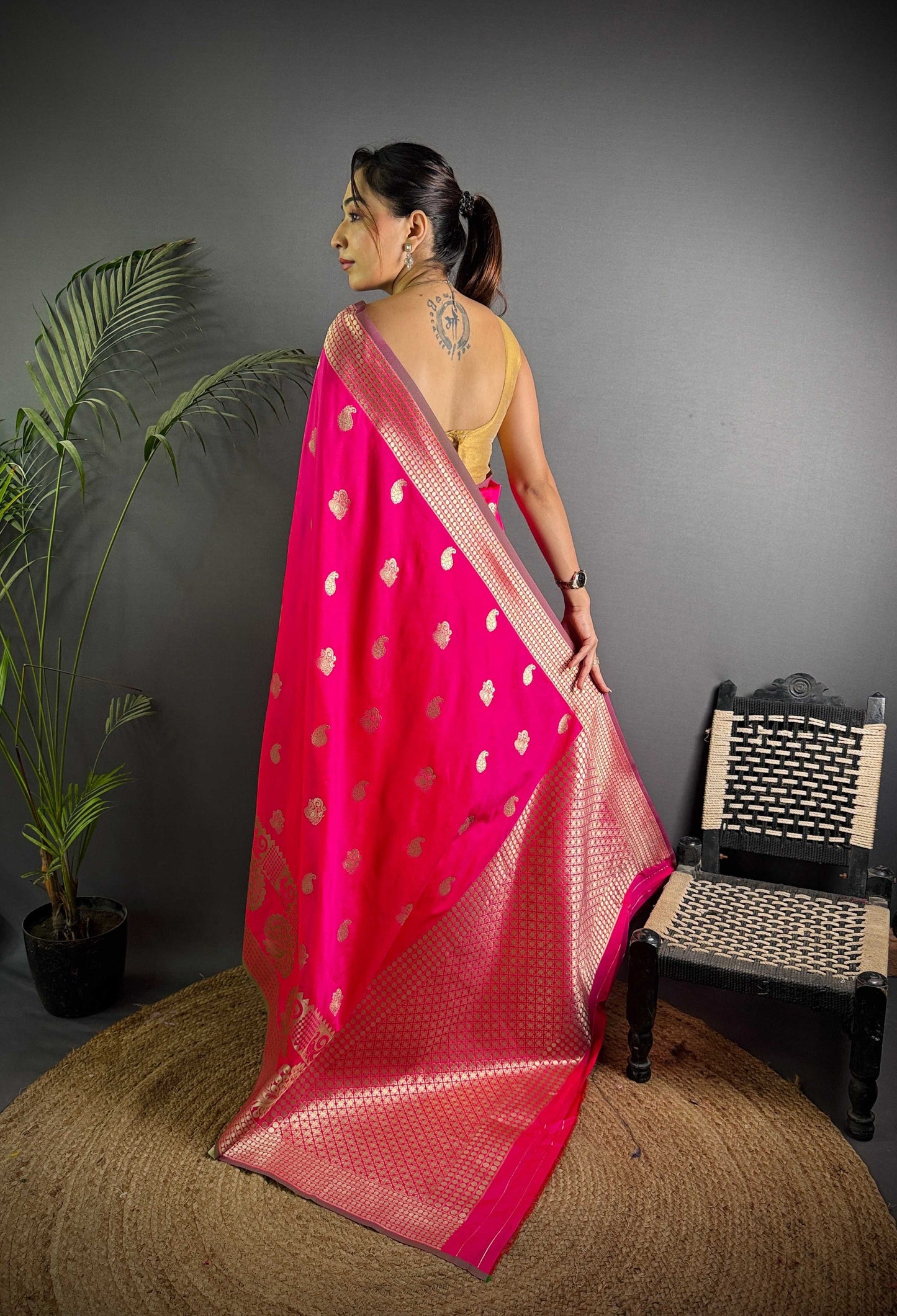 Sonakshi Women's Rani Pink Soft Banarasi Lichi Silk Golden Zari Weaving Traditional Saree with Blouse