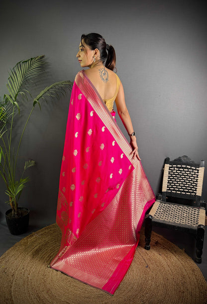 Sonakshi Women's Rani Pink Soft Banarasi Lichi Silk Golden Zari Weaving Traditional Saree with Blouse