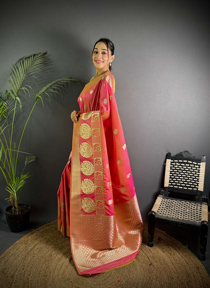 Sonakshi Women's Pink Soft Banarasi Lichi Silk Golden Zari Weaving Traditional Saree with Blouse
