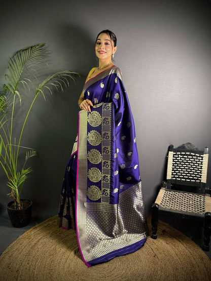 Sonakshi Women's Blue Soft Banarasi Lichi Silk Golden Zari Weaving Traditional Saree with Blouse