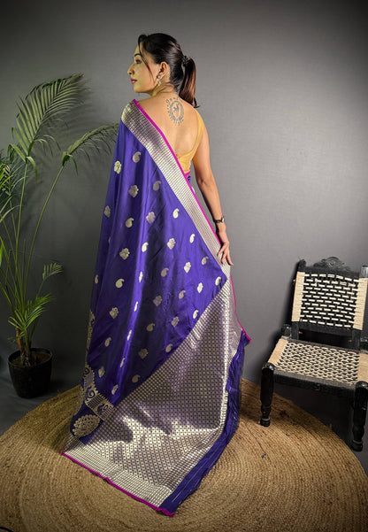 Sonakshi Women's Blue Soft Banarasi Lichi Silk Golden Zari Weaving Traditional Saree with Blouse