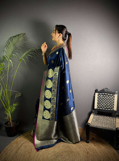 Sonakshi Women's Navy Blue Soft Banarasi Lichi Silk Golden Zari Weaving Traditional Saree with Blouse