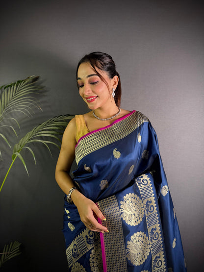 Sonakshi Women's Navy Blue Soft Banarasi Lichi Silk Golden Zari Weaving Traditional Saree with Blouse