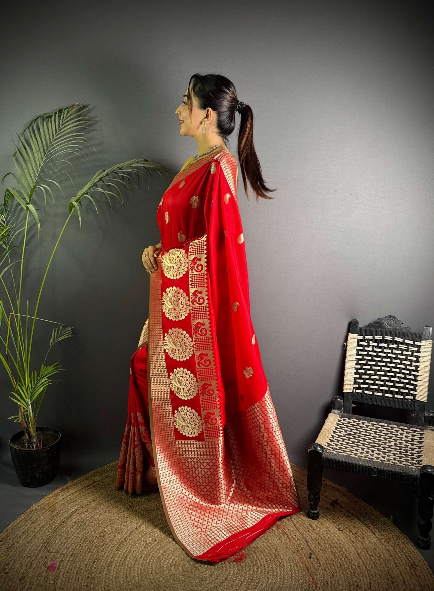 Sonakshi Women's Red Soft Banarasi Lichi Silk Golden Zari Weaving Traditional Saree with Blouse