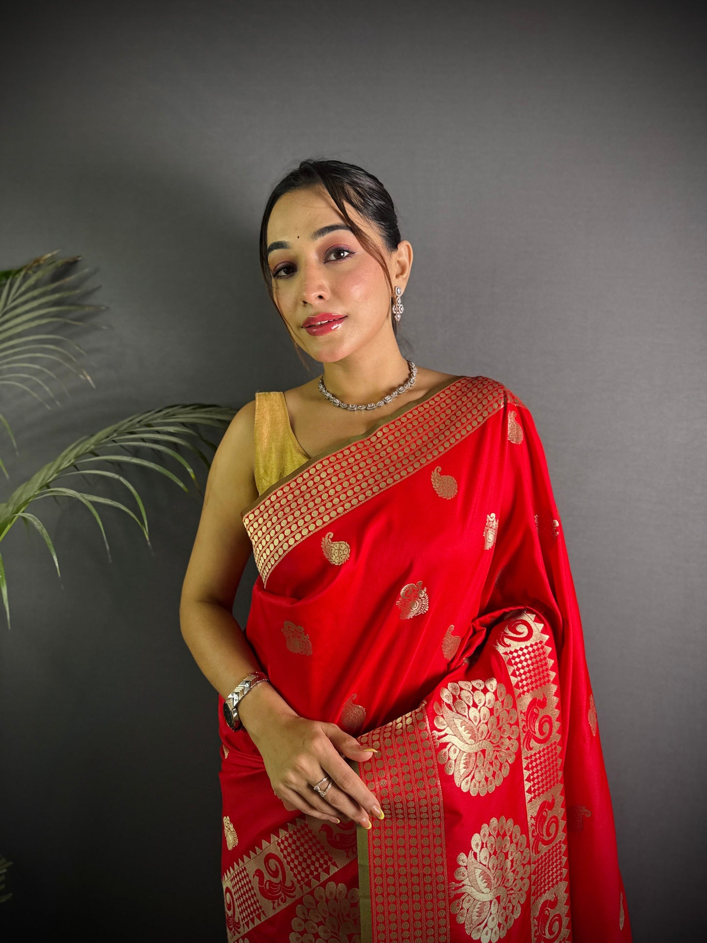 Sonakshi Women's Red Soft Banarasi Lichi Silk Golden Zari Weaving Traditional Saree with Blouse