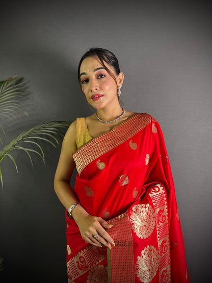 Sonakshi Women's Red Soft Banarasi Lichi Silk Golden Zari Weaving Traditional Saree with Blouse