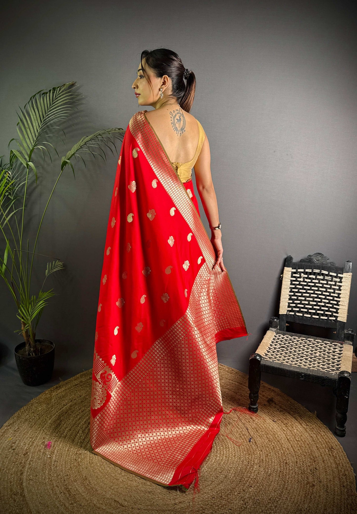 Sonakshi Women's Red Soft Banarasi Lichi Silk Golden Zari Weaving Traditional Saree with Blouse