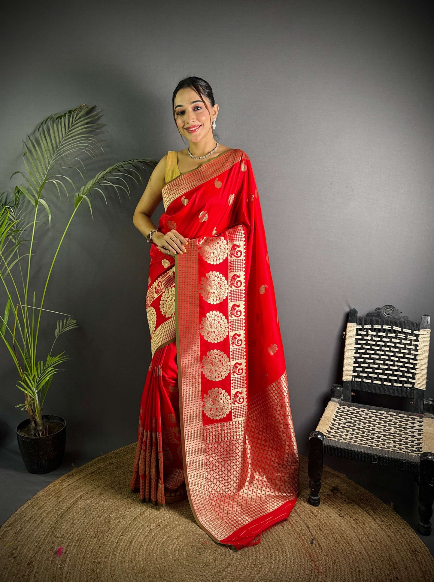 Sonakshi Women's Red Soft Banarasi Lichi Silk Golden Zari Weaving Traditional Saree with Blouse