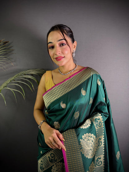 Sonakshi Women's Ramagreen Soft Banarasi Lichi Silk Golden Zari Weaving Traditional Saree with Blouse