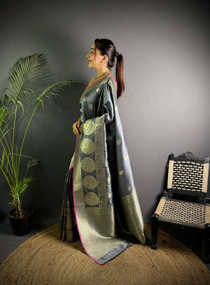 Sonakshi Women's Grey Soft Banarasi Lichi Silk Golden Zari Weaving Traditional Saree with Blouse