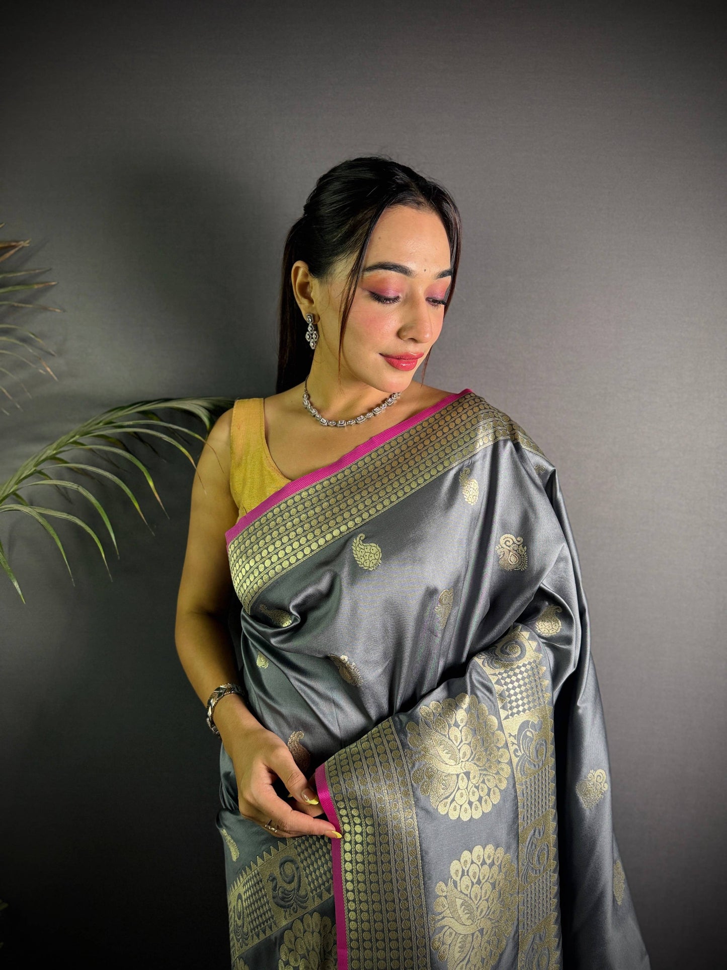Sonakshi Women's Grey Soft Banarasi Lichi Silk Golden Zari Weaving Traditional Saree with Blouse