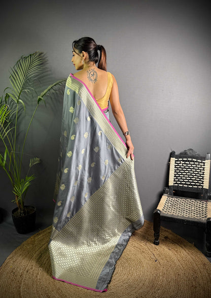 Sonakshi Women's Grey Soft Banarasi Lichi Silk Golden Zari Weaving Traditional Saree with Blouse
