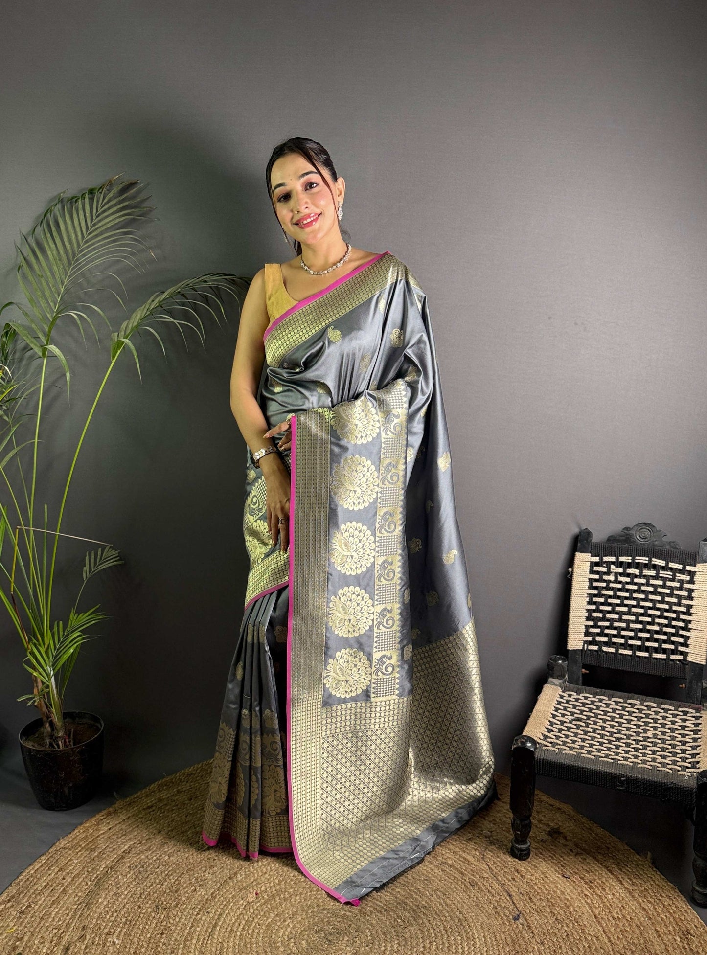 Sonakshi Women's Grey Soft Banarasi Lichi Silk Golden Zari Weaving Traditional Saree with Blouse