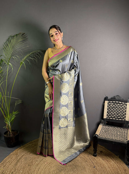 Sonakshi Women's Grey Soft Banarasi Lichi Silk Golden Zari Weaving Traditional Saree with Blouse