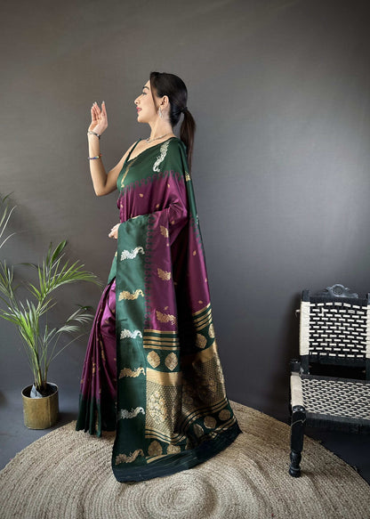 Sonakshi Women's Wine Soft Banarasi Silk Zari Weaving Traditional Saree with Blouse