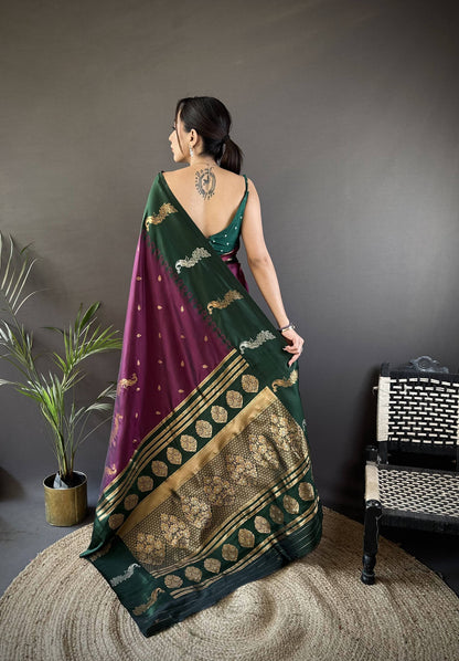 Sonakshi Women's Wine Soft Banarasi Silk Zari Weaving Traditional Saree with Blouse