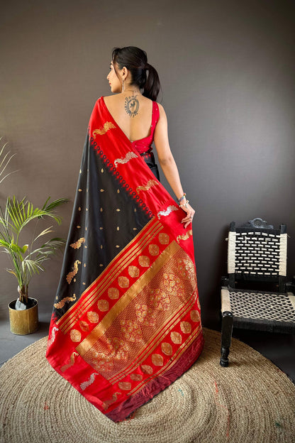 Sonakshi Women's Black Soft Banarasi Silk Zari Weaving Traditional Saree with Blouse