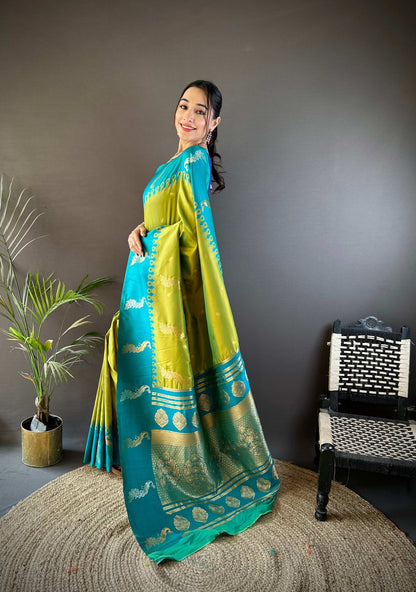 Sonakshi Women's Parrot Soft Banarasi Silk Zari Weaving Traditional Saree with Blouse