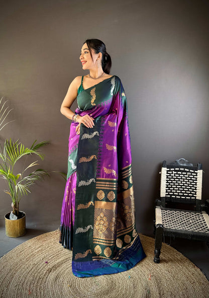 Sonakshi Women's Purple Soft Banarasi Silk Zari Weaving Traditional Saree with Blouse