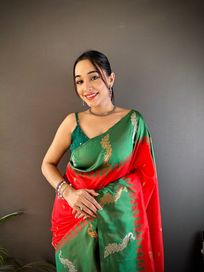 Sonakshi Women's Red Soft Banarasi Silk Zari Weaving Traditional Saree with Blouse