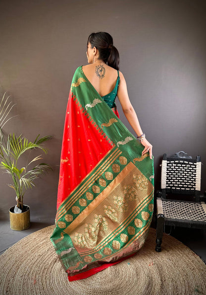 Sonakshi Women's Red Soft Banarasi Silk Zari Weaving Traditional Saree with Blouse