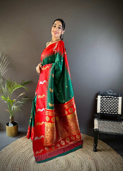 Sonakshi Women's Green Soft Banarasi Silk Zari Weaving Traditional Saree with Blouse