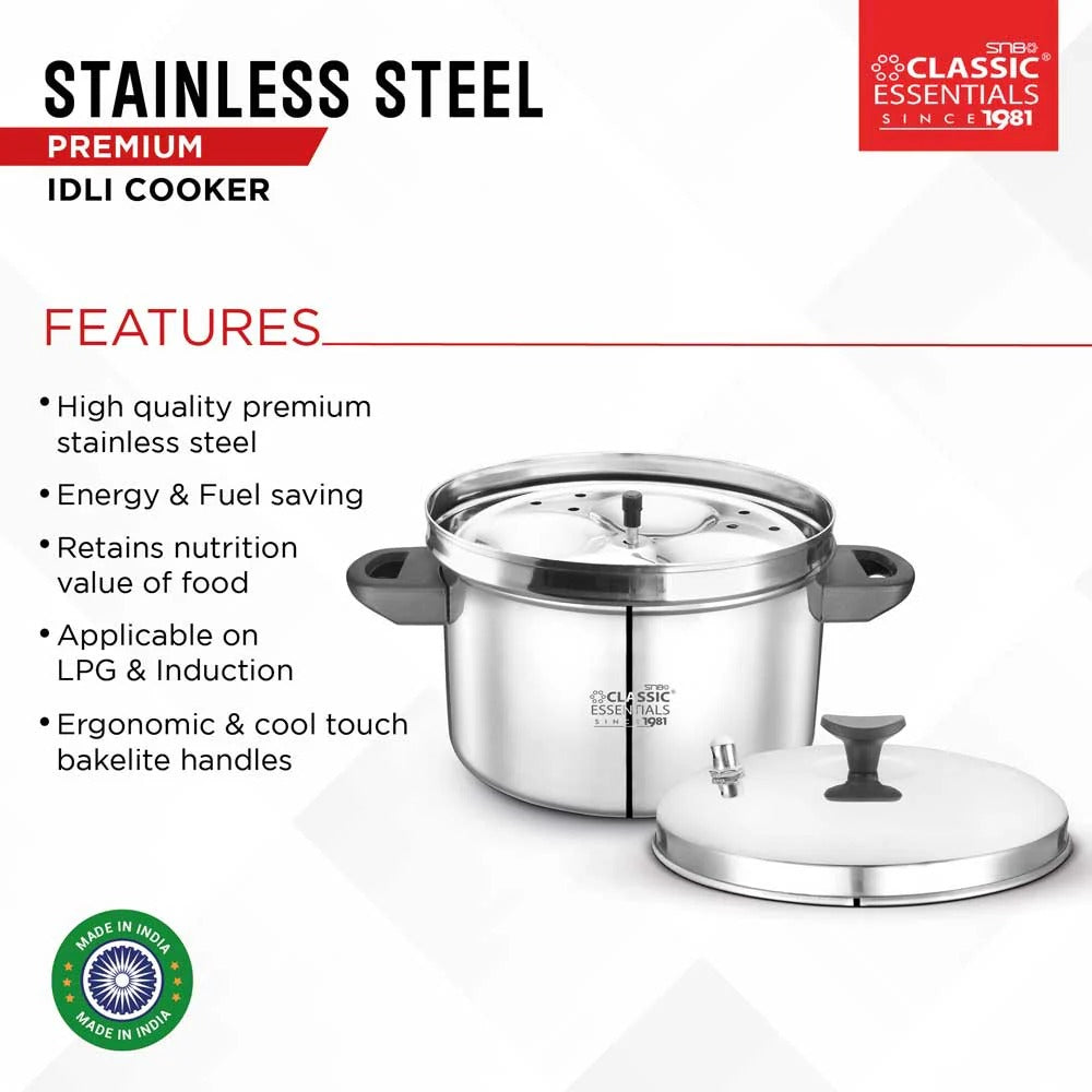 Classic Essentials Stainless Steel Outer Lid Induction Bottom Idli Cooker 4 Plate 16pcs