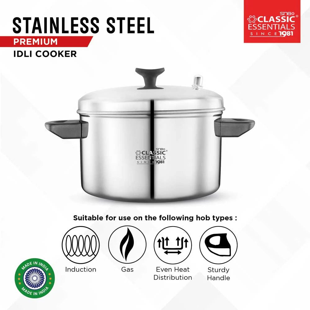 Classic Essentials Stainless Steel Outer Lid Induction Bottom Idli Cooker 4 Plate 16pcs