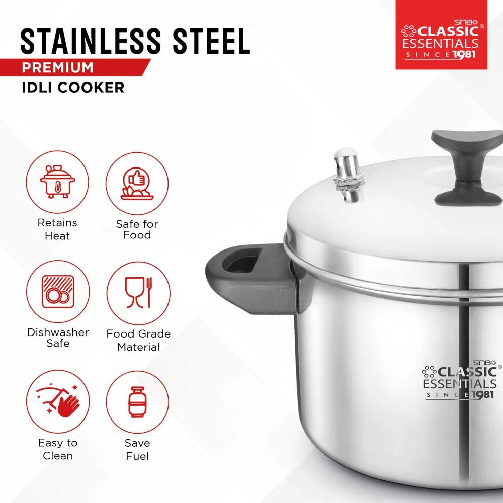 Classic Essentials Stainless Steel Outer Lid Induction Bottom Idli Cooker 4 Plate 16pcs