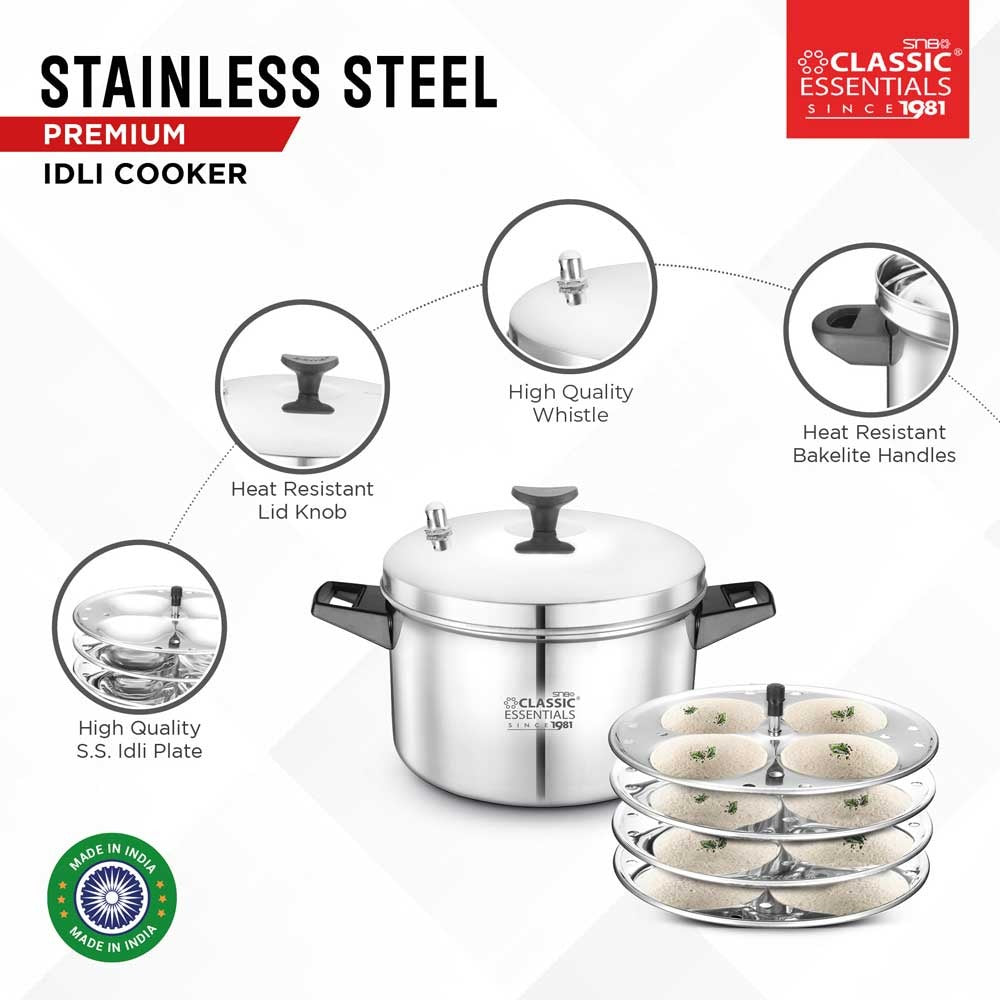 Classic Essentials Stainless Steel Outer Lid Induction Bottom Idli Cooker 4 Plate 16pcs