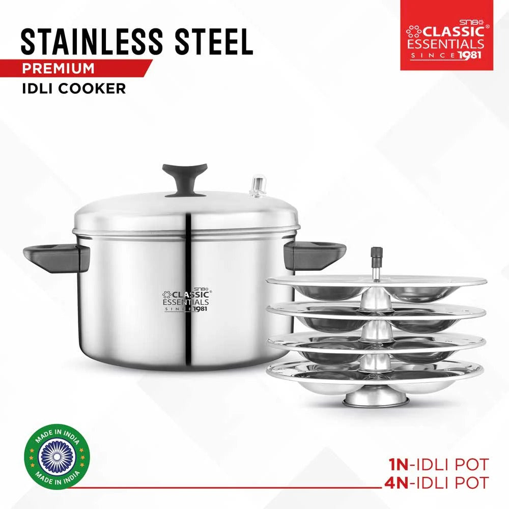 Classic Essentials Stainless Steel Outer Lid Induction Bottom Idli Cooker 4 Plate 16pcs