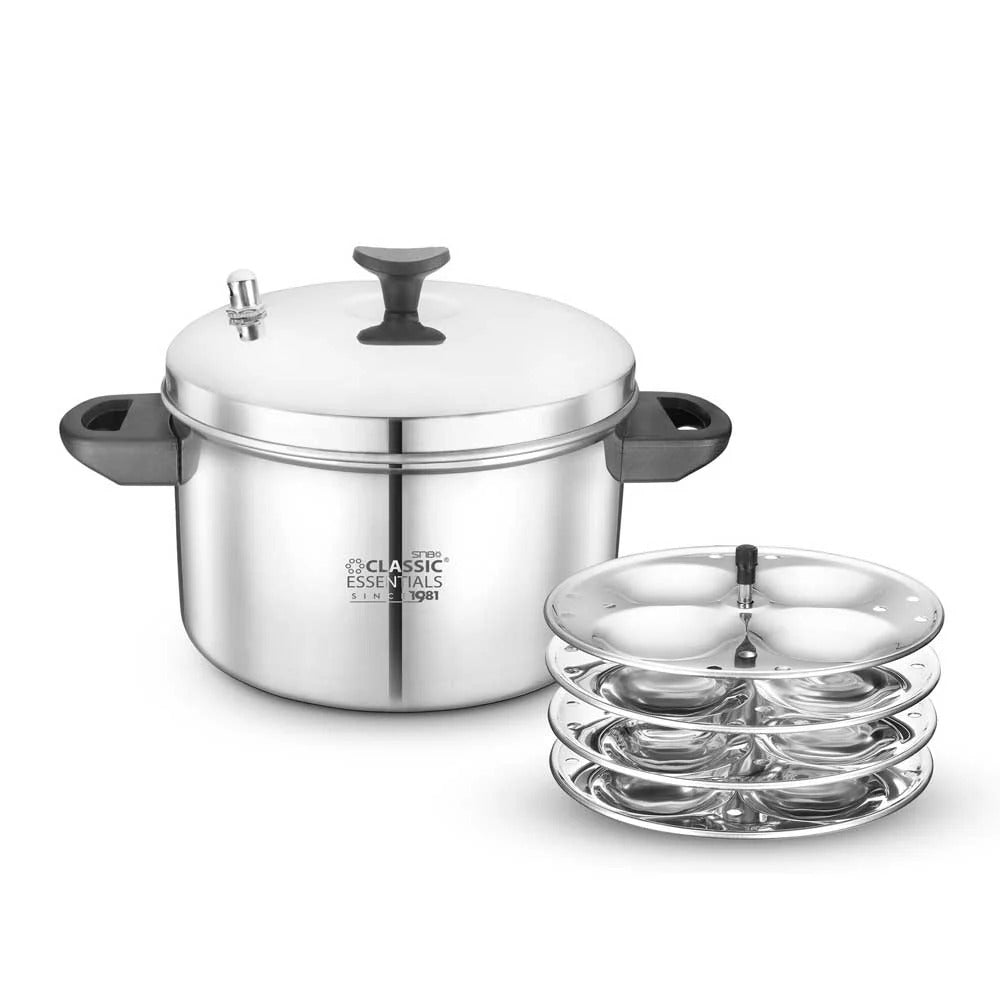 Classic Essentials Stainless Steel Outer Lid Induction Bottom Idli Cooker 4 Plate 16pcs