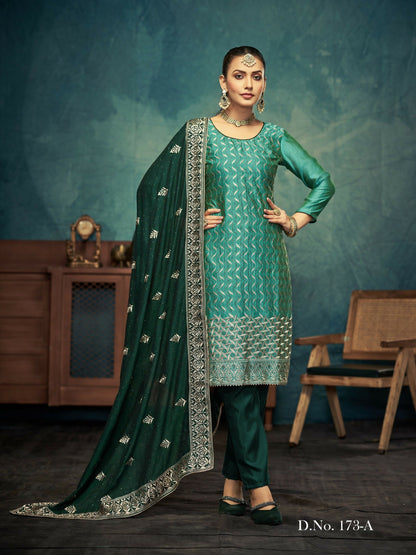 Anaita Light Green Premium Embroidered with servos waki diamond Vichitra Silk Stitched Salwar Suit