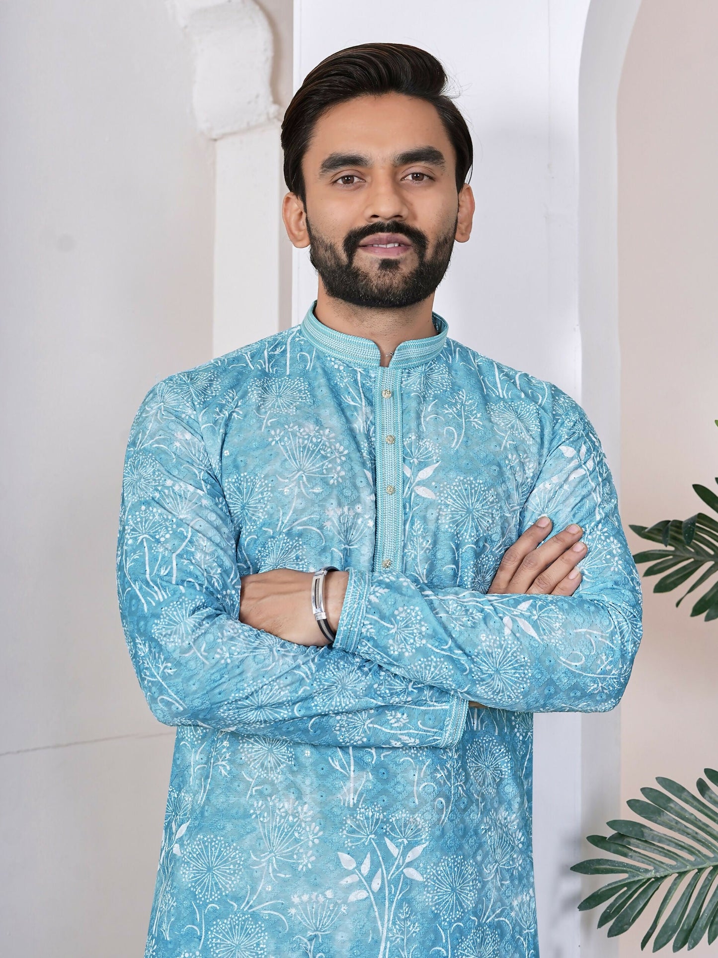 Anaita Sky Blue Digital Printed Work Cotton Straight Kurta
