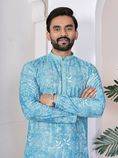 Anaita Sky Blue Digital Printed Work Cotton Straight Kurta