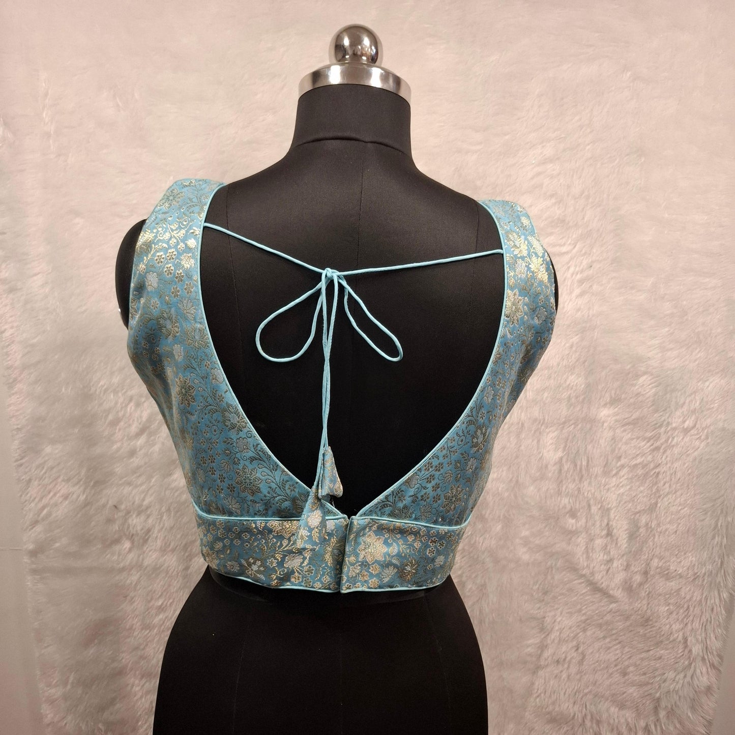 Kia Fashions Blue Banarasi With Gold & Silver Weave Readymade Blouse