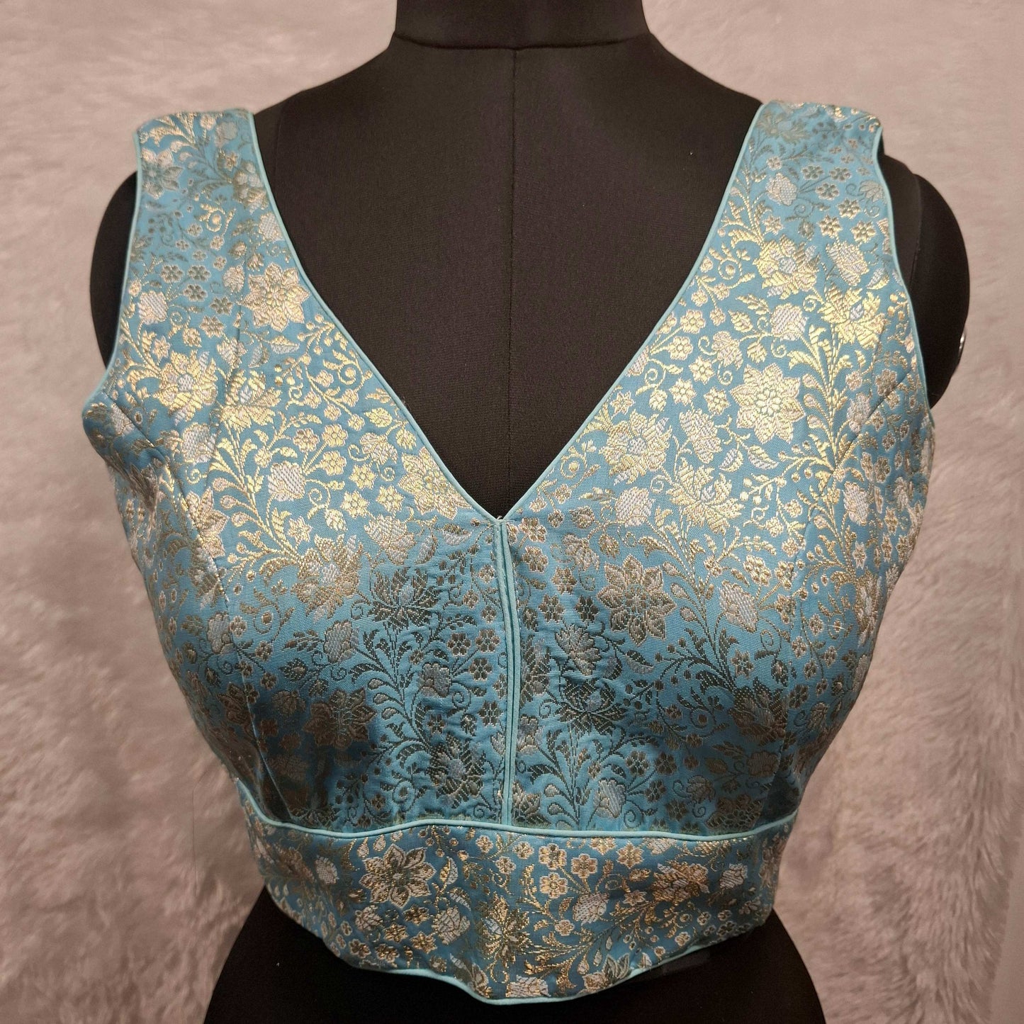 Kia Fashions Blue Banarasi With Gold & Silver Weave Readymade Blouse