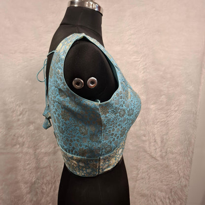 Kia Fashions Blue Banarasi With Gold & Silver Weave Readymade Blouse