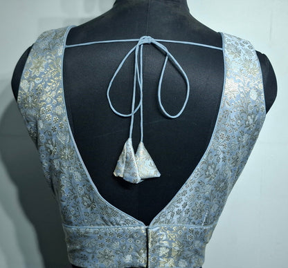 Kia Fashions Grey Banarasi With Gold & Silver Weave Readymade Blouse