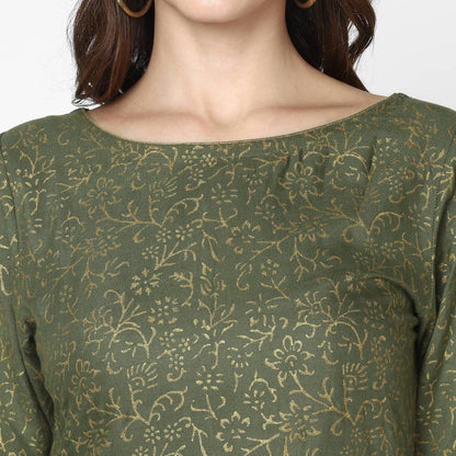 Cheera Hand Block Print Olive Green & Skin Color Straight Kurta With Palazzo (MAAI-083K)