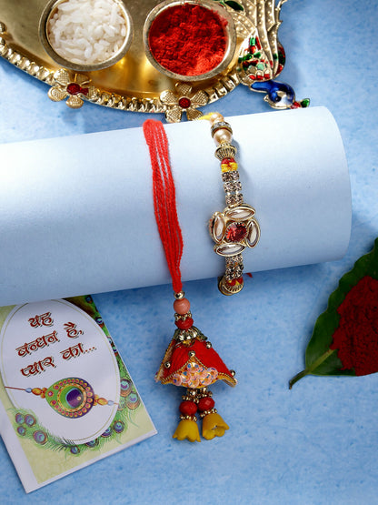 NVR Women & Men Set of 2 Red & Gold-Toned Stone-Studded Bhaiya Bhabhi Rakhi With Roli Chawal & Chocolate