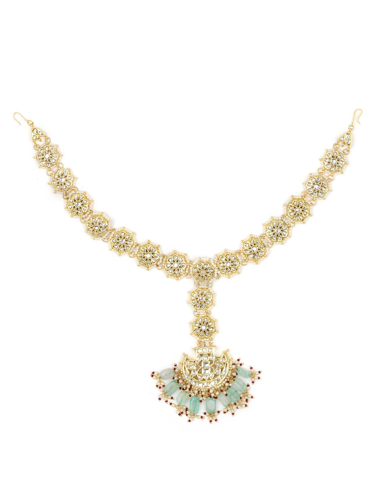 Gold-Polished White Blue Kundan-Studded Pearl Beaded Matha Patti - Ruby Raang