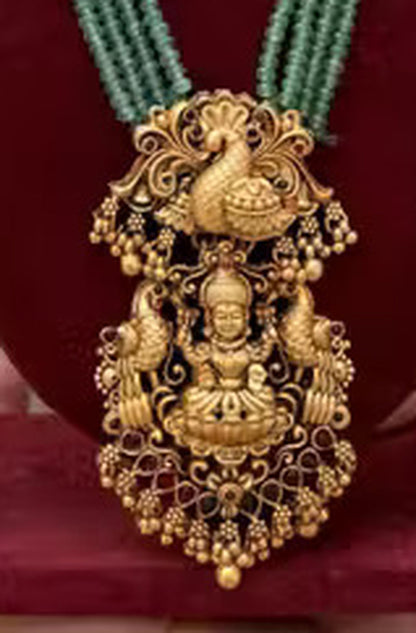 Jewel City Traditional Multi-Strand Green Temple Lakshmi Pendant Necklace Set Antique Gold-Plated South Indian Bridal Jewelry Set