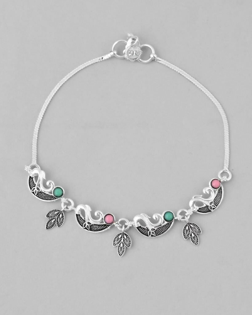 VOJ Set of 2 Silver Plated Multi Color Meenakari Anklet