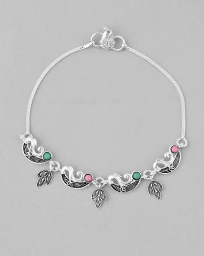 VOJ Set of 2 Silver Plated Multi Color Meenakari Anklet