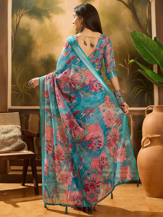 Sangria Floral Printed Zari Banarasi Saree