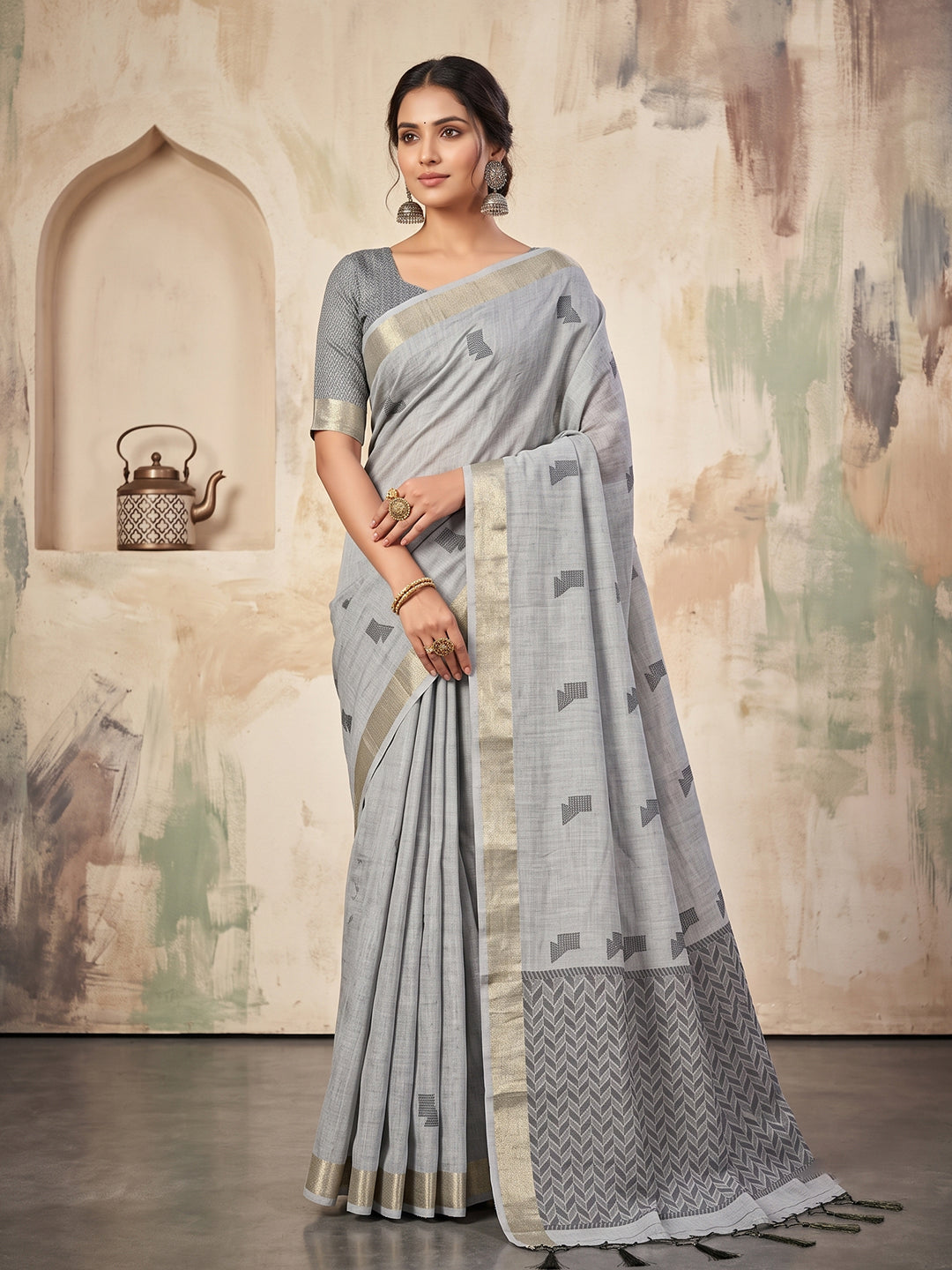 Shree Shyam Fashion Grey Woven Work Linen Fabric Daily Wear Saree With Blouse